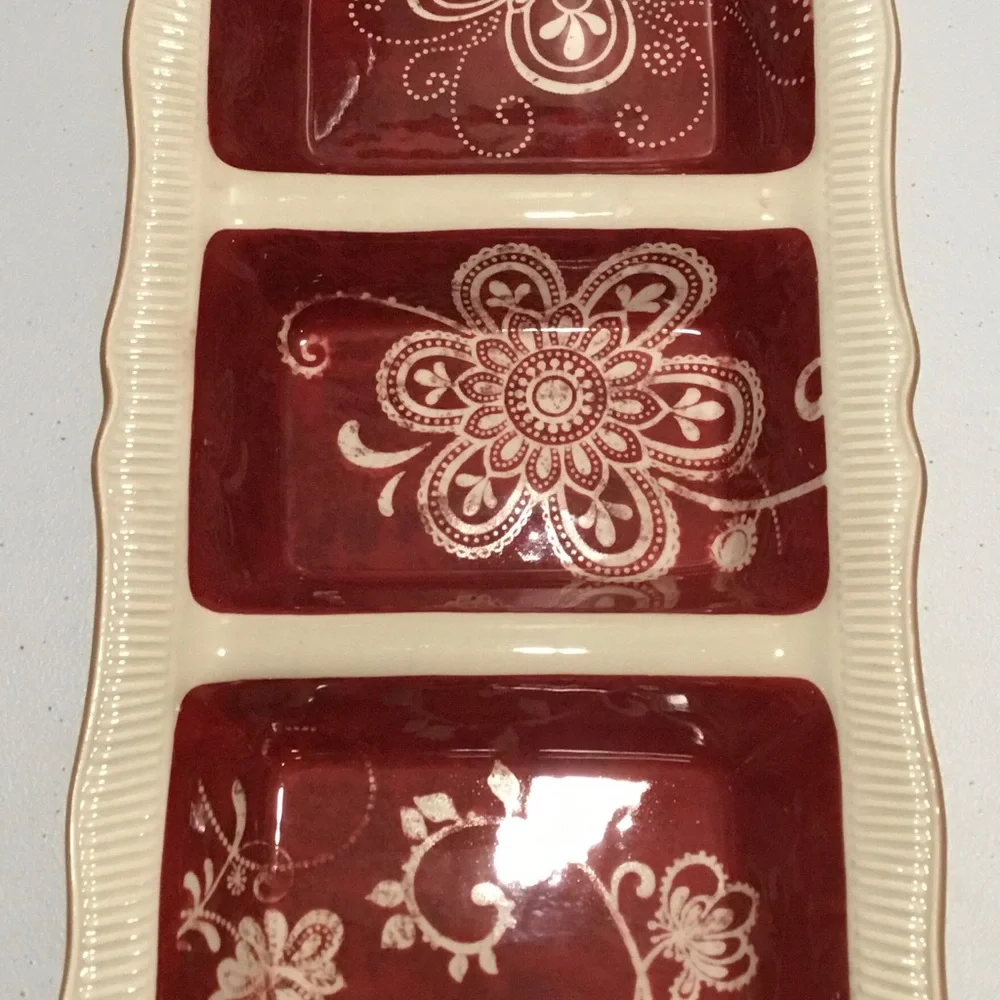 Pier 1 Red and Cream Ceramic Divided Tray with Floral Motif